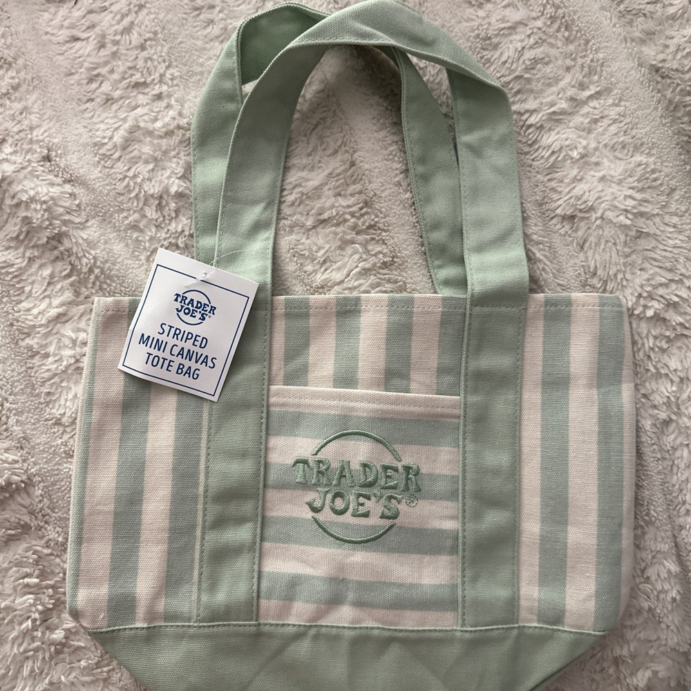 Trader Joe’s Limited Mini Canvas Pastel Striped Tote Bag 2026 Seafoam Green