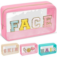 Chenille Letter Clear Makeup Bags Face Pouch, Preppy Patch FACE-Pink