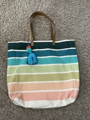 Eccolo Canvas Tote Shopping Bag Multi Color Striped Large Pom Keychain