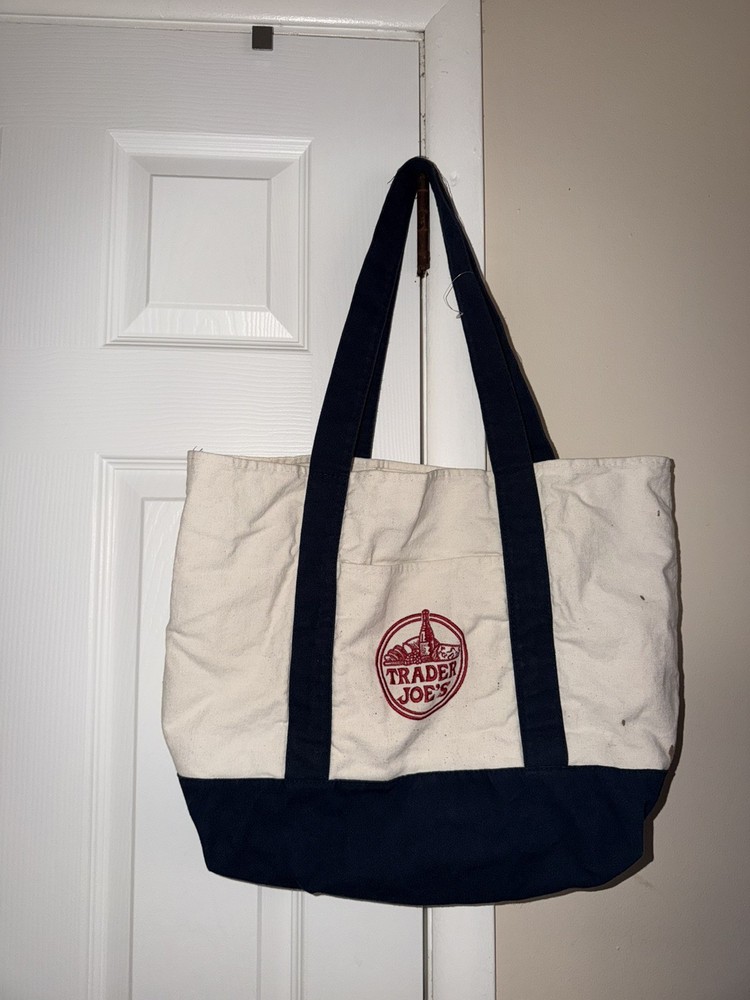 Trader Joe’s Foldable Canvas Tote Bag Beige Navy Solid Plain Reusable Shopping