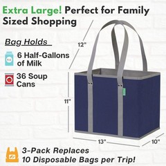 3 Pack Heavy Duty Reusable Shopping Bags Box Shape Foldable with Hard Bottom