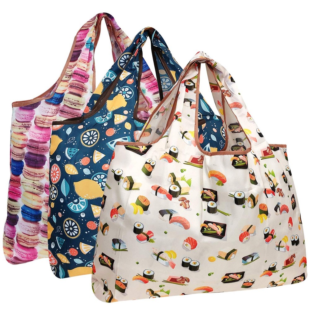 Large Foldable Tote Nylon Reusable Grocery Bags, 3 Pack, Delicious Foods