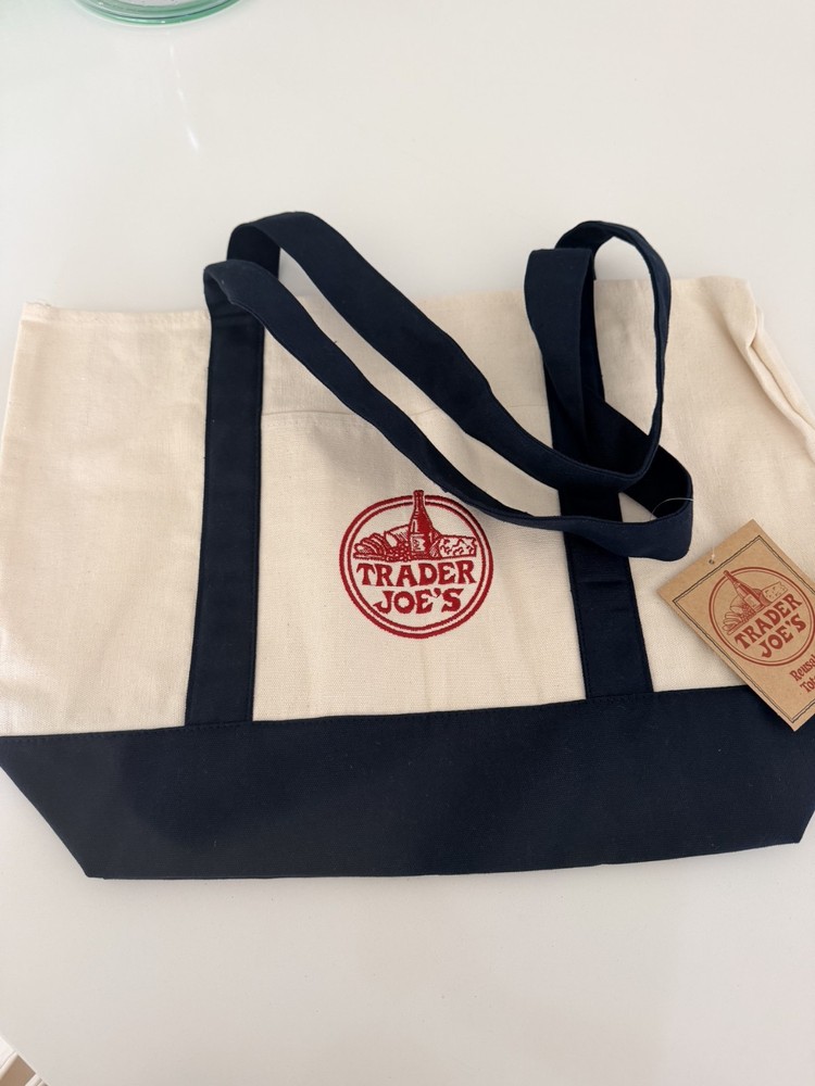 Trader Joe’s Foldable Canvas Reusable Shopping Bag Navy Blue Beige Tote