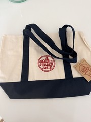 Trader Joe’s Foldable Canvas Reusable Shopping Bag Navy Blue Beige Tote