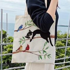 Cat Canvas Tote Bag For Women – Aesthetic Funny Tuxedo Cat Birds Shopping