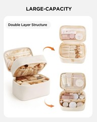 HBlife Double Layer Travel Makeup Bag Portable Cute Leather Large, Beige