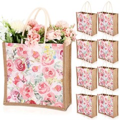 Shinylin 8 Pcs Jute Floral Totes Bags Reusable Grocery Bags with Handle Burla…
