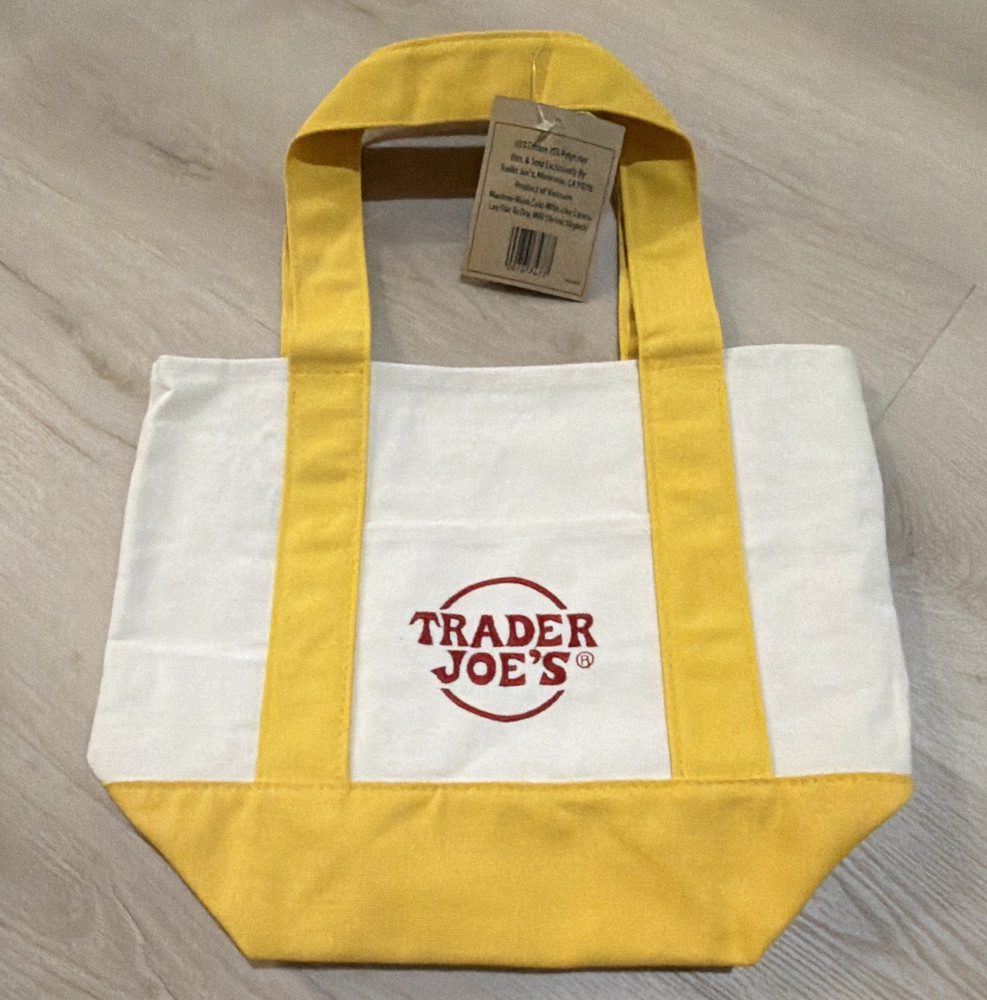 Trader Joe’s Mini Canvas Tote Bag Logo Pattern White/Yellow Cotton Blend 13x6x11