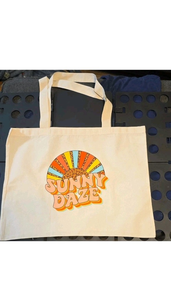 Beige Canvas Foldable Reusable Tote Bag ‘Sunny Daze’ Graphic Print