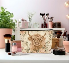 Dejfel Western Highland Cow Makeup Bag,Floral Cows Cosmetic Zipper pink
