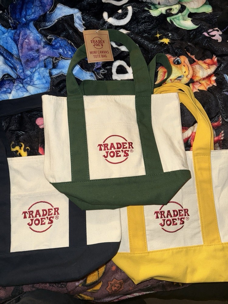 Trader Joe’s Mini Canvas Tote Bag 3-Piece Set Foldable Green Yellow Navy Beige