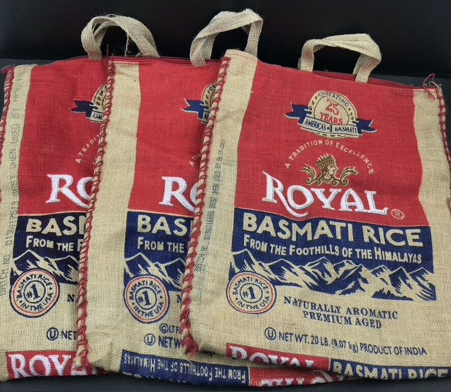 Royal Basmati Rice Lot of 3 EMPTY Reusable Zippered Burlap Sack/Tote Bags