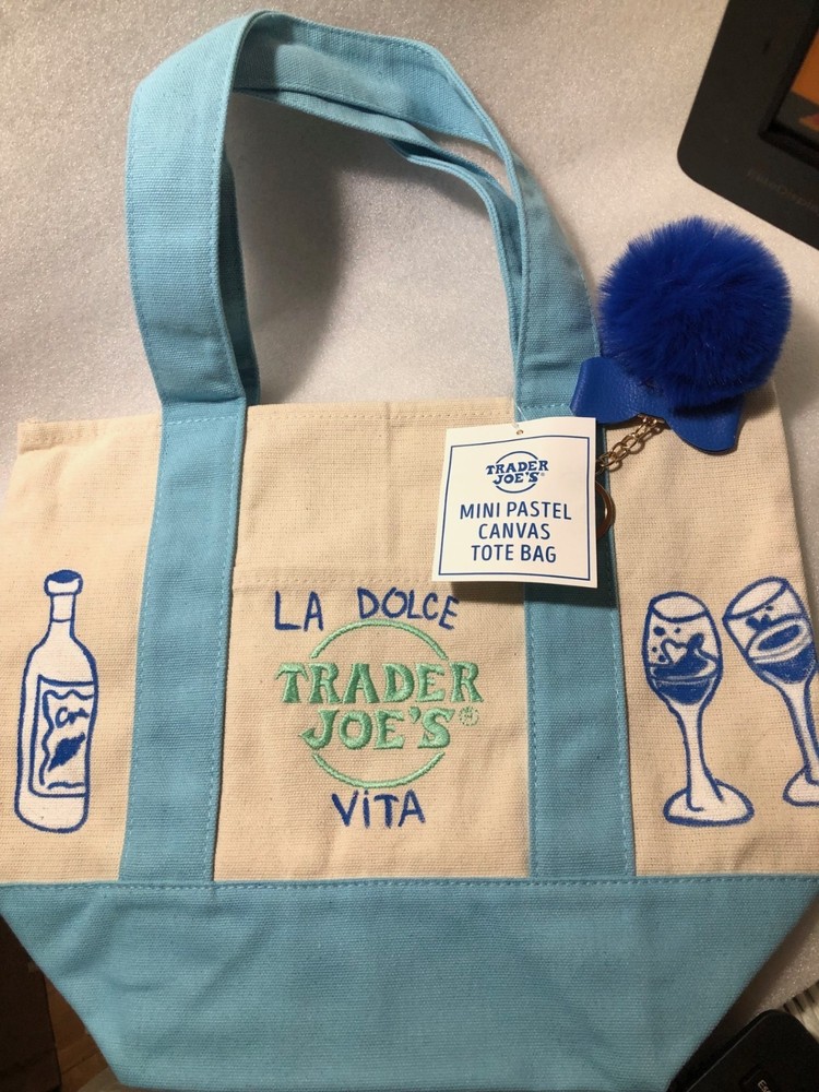 La Dolce Vita Hand Drawn Trader Joe’s Mini Light Blue Canvas Tote Bag(S)
