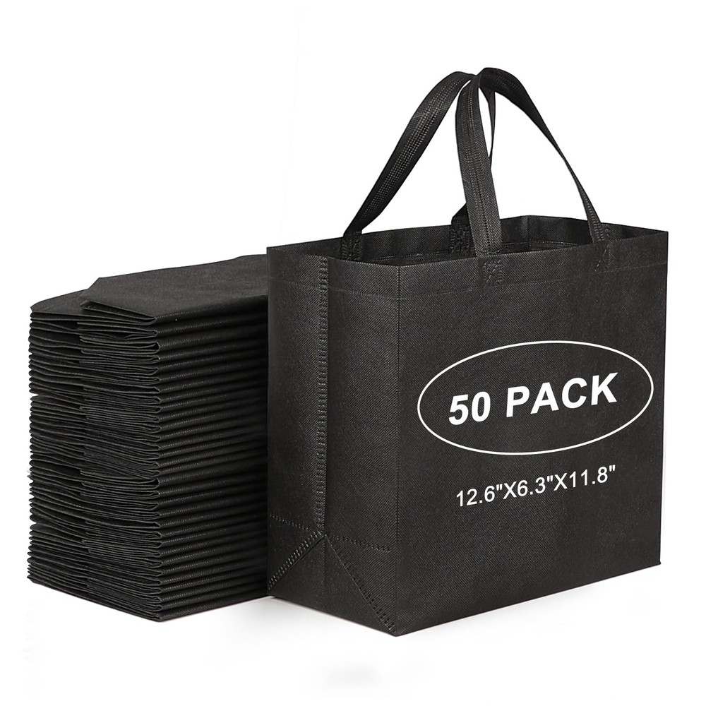 50 Pack Black Reusable Totes Bag with Reinforced Handles Non Woven Bulk Shopp…