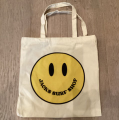 Jacks Surf Shop Smiley Face Graphic Print Tote Bag Beige Yellow Black 15×12