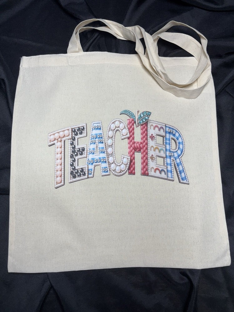 Canvas Foldable Tote Bag, ‘TEACHER’ Print, Beige Multicolor, Large, 15×15 in