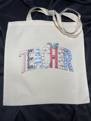 Canvas Foldable Tote Bag, ‘TEACHER’ Print, Beige Multicolor, Large, 15×15 in