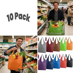 Reusable Grocery Bags Foldable Shopping Tote 10 Pack 10 Colors Packable W/