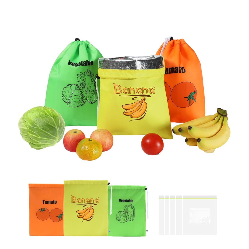 Small Mesh Drawstring Produce Bags 3 Pack + 5 Bonus Medium, Green Yellow Red