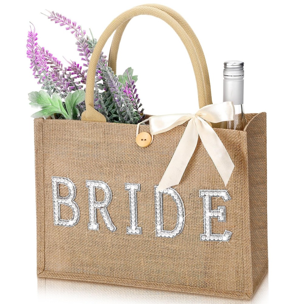 Wedding Bride Bag Natural Jute Tote with Ribbon Bride Gift Bag with Handle