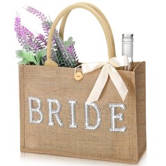 Wedding Bride Bag Natural Jute Tote with Ribbon Bride Gift Bag with Handle