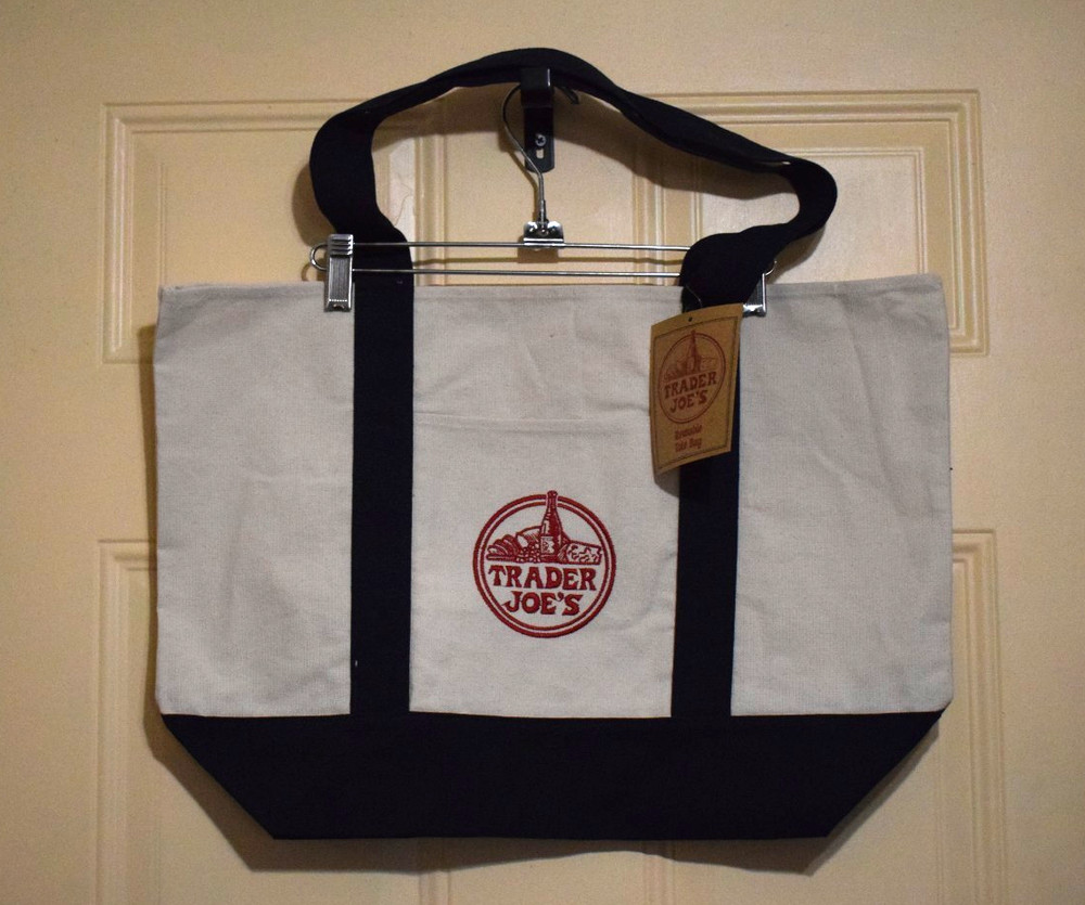 Trader Joe’s Canvas Tote Large 11″x 20″ Cream Black NWT