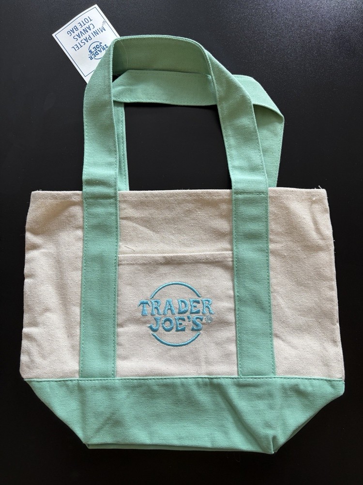 Trader Joe’s Mini Foldable Canvas Tote Bag Mint Green Beige Solid Plain Shopping