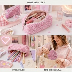 Krdrgey 2Pcs Fluffy Leopard Pencil Case Set, Cute Fuzzy Makeup Bag dark pink