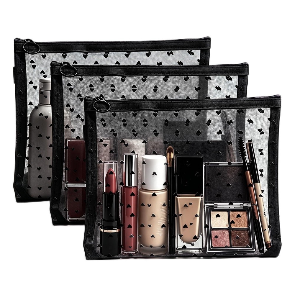 Mekupeu 3 Pcs Heart Print Zipper Mesh Bags, Lipstick Cosmetic Large, Black