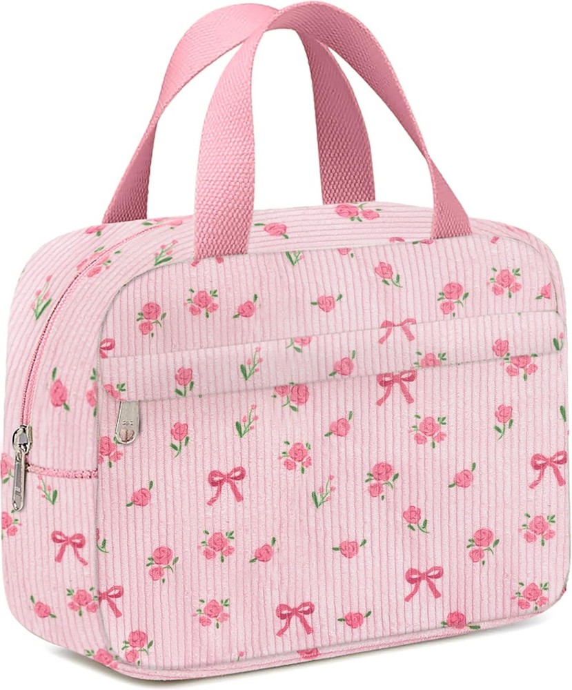 Chicarries Small Makeup Bag for Purse Cute Corduroy Cosmetic Flower bow pink