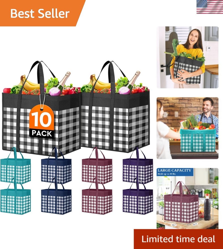 Reusable Grocery Shopping Bags 10 Pack Large Foldable Tote Bags Bulk, Long Ha…