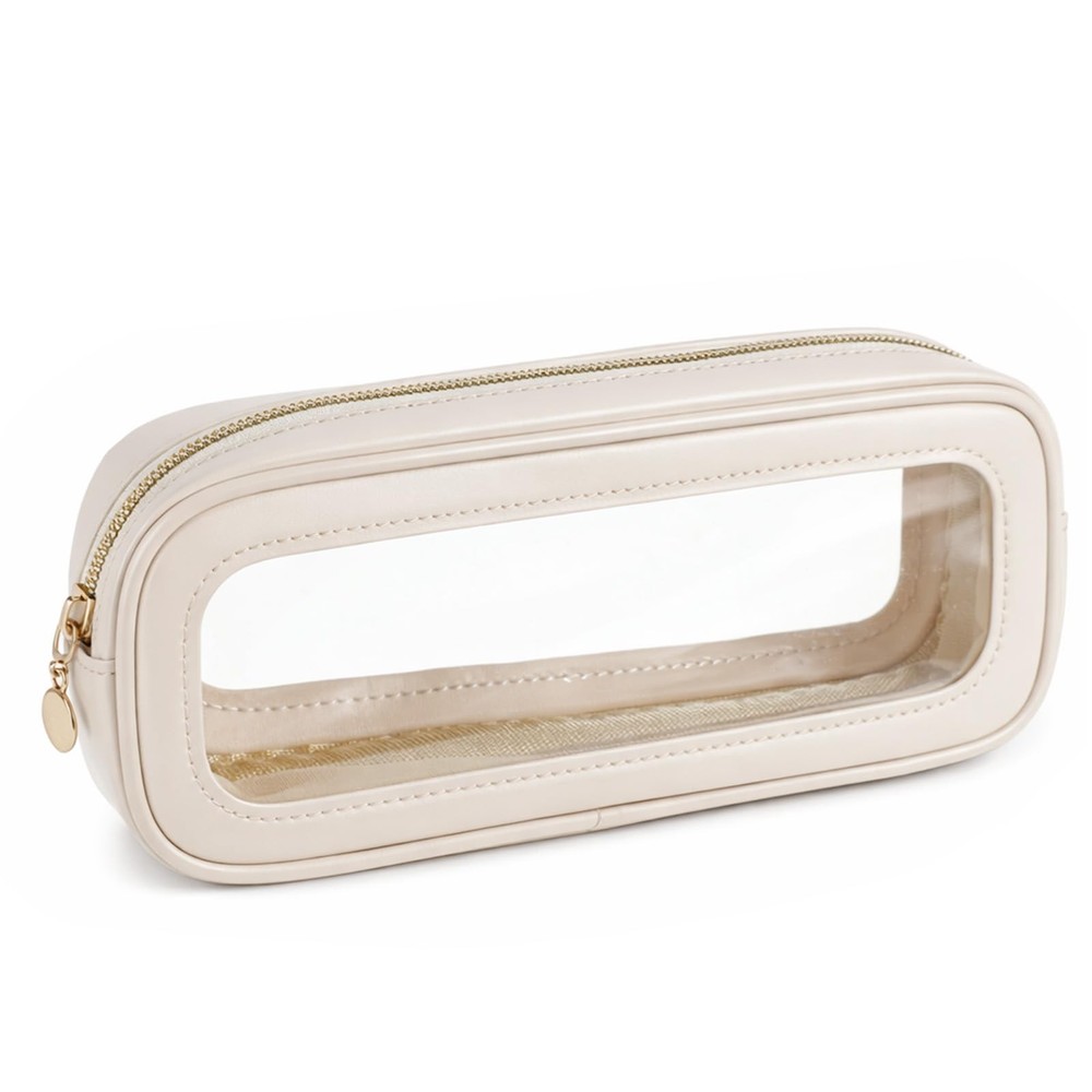 Eldraqth Small Clear Makeup Bag, PU Leather Travel Brush Bag Beige