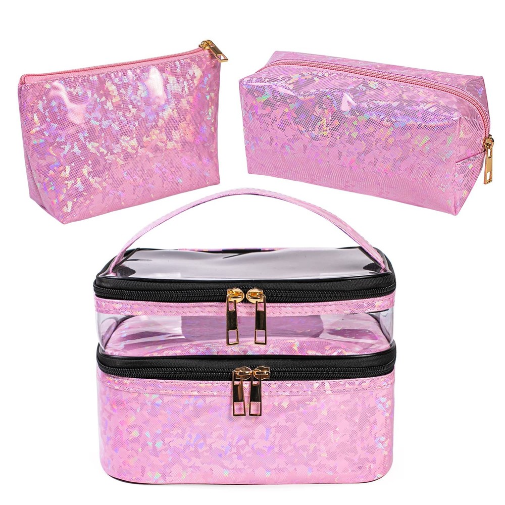3 Pieces Makeup Bags Double Layer Travel Large Light Pink Holographic