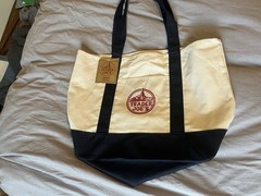 Trader Joe’s Foldable Canvas Reusable Tote Bag white with Blue Straps – RARE