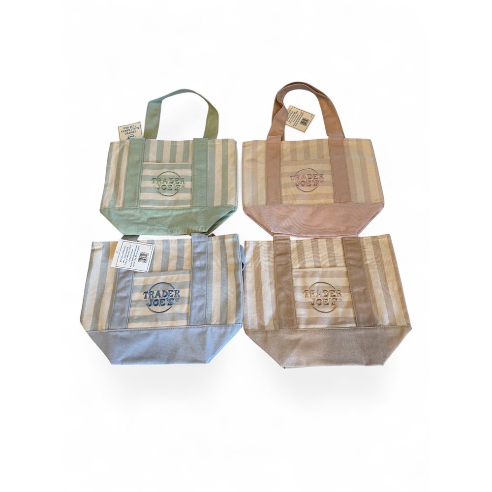 Trader Joe’s Mini Canvas Set of 4 Tote Bags Striped Green Pink Blue Tan New NWT