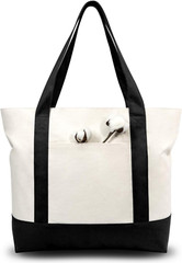 6-Pack Reusable Canvas Tote Bags with Zipper & Pocket – Black/Natural