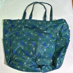 Joy Mangano Foldable Nylon Tote Bag Peacock Feather Print Blue Green Zipper