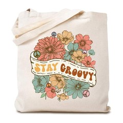 Retro Flower Stay Groovy Canvas Tote Bag for Woman Vintage Style 70s Hippie R…