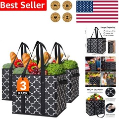 3 Pack Black Reusable Grocery Bags Foldable Heavy Duty Shopping Tote Organizer
