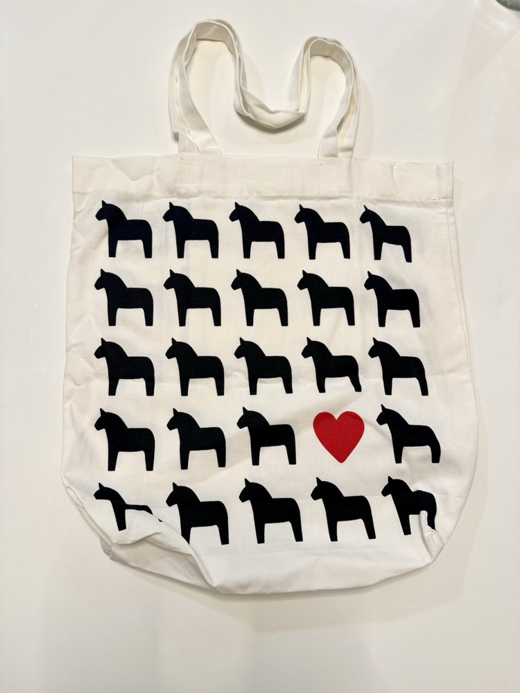 IKEA Canvas Shopping Tote Bag, Black Horse And Red Heart Print