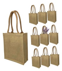 10 Pack Jute Burlap Tote Bags with Handles (11 x 9.5 in) DIY Art Blank Beach
