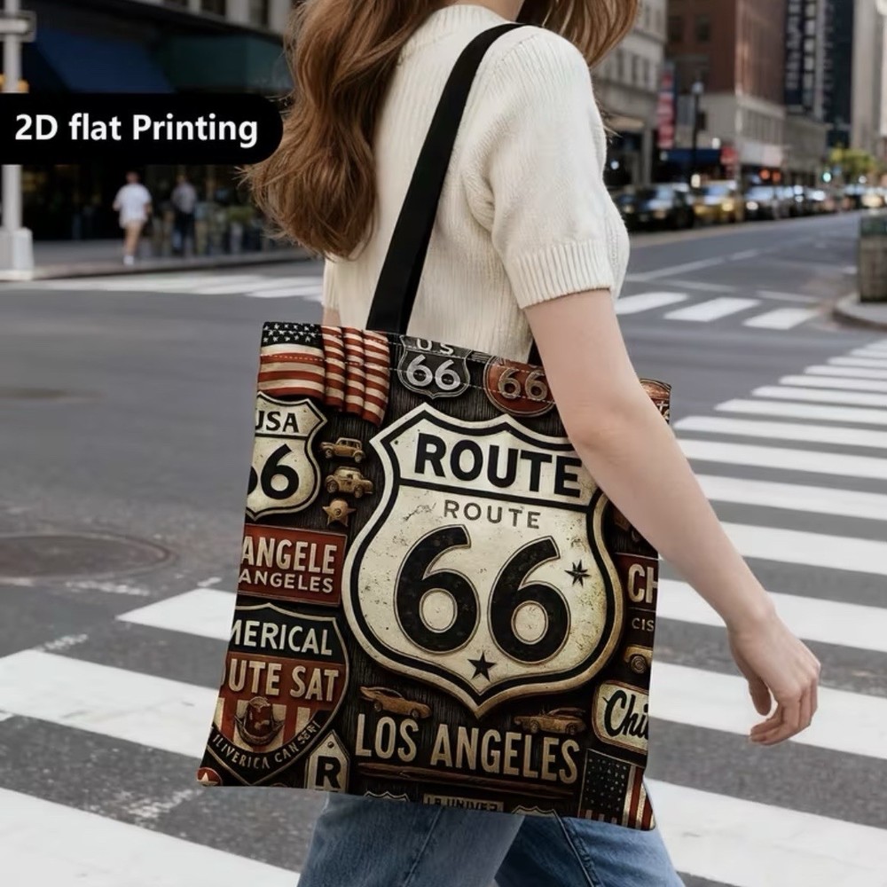 1pc Double-Sided 2D Flat Printing Shopping Tote Bag, Vintage, Route 66
