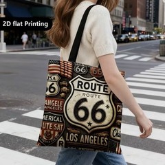 1pc Double-Sided 2D Flat Printing Shopping Tote Bag, Vintage, Route 66
