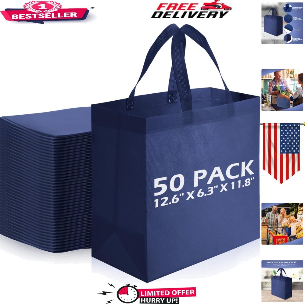 50 Eco-friendly Reusable Tote Bags – Stylish Navy Blue Non-Woven Shopping Bags