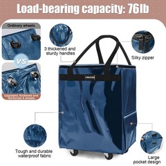 (Medium,Navy Blue) Reusable Grocery Bag on 4 Wheels, 70L Foldable Rolling Tot…