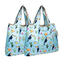 2 PCS Toucan Cacti Foldable Tote Nylon Reusable Grocery Bag Shopping Handbags