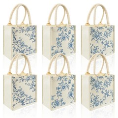 6 Pcs Chinoiserie Burlap Tote Bags Blue White Floral Bird Jute Bag Reusable B…
