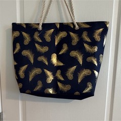 Blue/Gold Feather Print Fabric Tote Bag Rope Handles Zip Closure 20x6x15