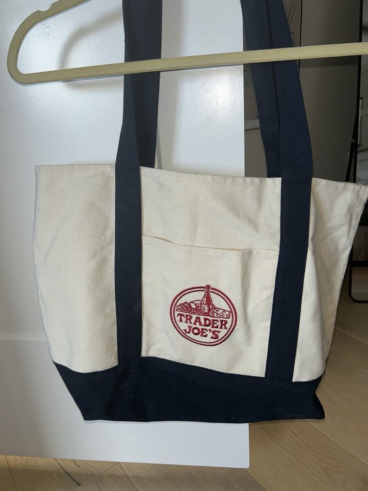 Trader Joe’s Canvas Tote Bag Foldable Beige Black Solid Reusable Shopping
