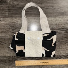 Handmade Embroidered Foldable Reusable Grocery Bag Khaki Plaid Black Dogs